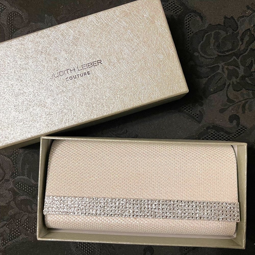 Judith Leiber Silver fabric with Crystal stripe Perry-style clutch - never used